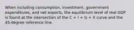 When including​ consumption, investment, government​ expenditures, and net​ exports, the equilibrium level of real GDP is found at the intersection of the C​ + I​ + G​ + X curve and the​ 45-degree reference line.