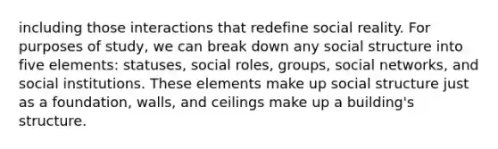 including those interactions that redefine social reality. For purposes of study, we can break down any social structure into five elements: statuses, social roles, groups, social networks, and social institutions. These elements make up social structure just as a foundation, walls, and ceilings make up a building's structure.