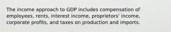 The income approach to GDP includes compensation of employees, rents, interest income, proprietors' income, corporate profits, and taxes on production and imports.