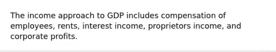 The income approach to GDP includes compensation of employees, rents, interest income, proprietors income, and corporate profits.