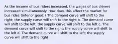 ​As the income of bus riders increased, the wages of bus drivers increased simultaneously. How does this affect the market for bus rides (inferior good)? The demand curve will shift to the right; the supply curve will shift to the right b. ​The demand curve will shift to the left; the supply curve will shift to the left c. ​The demand curve will shift to the right; the supply curve will shift to the left d. ​The demand curve will shift to the left; the supply curve will shift to the right