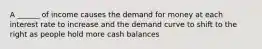 A ______ of income causes the demand for money at each interest rate to increase and the demand curve to shift to the right as people hold more cash balances