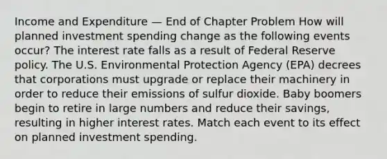 Income and Expenditure — End of Chapter Problem How will planned investment spending change as the following events occur? The interest rate falls as a result of Federal Reserve policy. The U.S. Environmental Protection Agency (EPA) decrees that corporations must upgrade or replace their machinery in order to reduce their emissions of sulfur dioxide. Baby boomers begin to retire in large numbers and reduce their savings, resulting in higher interest rates. Match each event to its effect on planned investment spending.