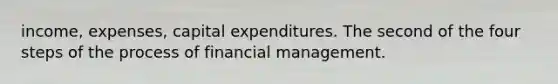 income, expenses, capital expenditures. The second of the four steps of the process of financial management.