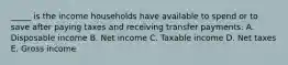 _____ is the income households have available to spend or to save after paying taxes and receiving transfer payments. A. Disposable income B. Net income C. Taxable income D. Net taxes E. Gross income