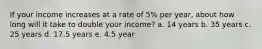 If your income increases at a rate of 5% per year, about how long will it take to double your income? a. 14 years b. 35 years c. 25 years d. 17.5 years e. 4.5 year