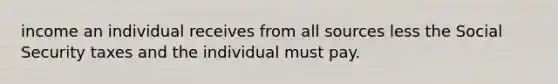 income an individual receives from all sources less the Social Security taxes and the individual must pay.