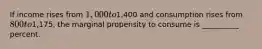 If income rises from 1,000 to1,400 and consumption rises from 800 to1,175, the marginal propensity to consume is __________ percent.