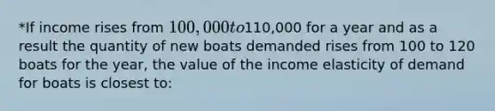 *If income rises from 100,000 to110,000 for a year and as a result the quantity of new boats demanded rises from 100 to 120 boats for the year, the value of the income elasticity of demand for boats is closest to: