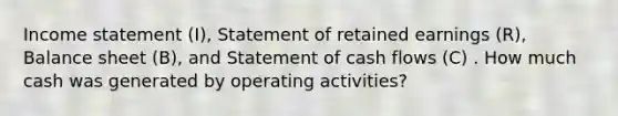Income statement​ (I), Statement of retained earnings​ (R), Balance sheet​ (B), and Statement of cash flows​ (C) . How much cash was generated by operating activities?