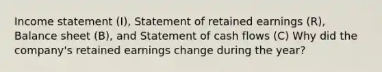 Income statement​ (I), Statement of retained earnings​ (R), Balance sheet​ (B), and Statement of cash flows​ (C) Why did the company's retained earnings change during the year?