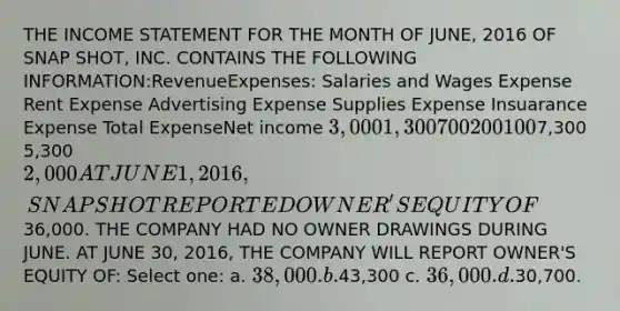 THE INCOME STATEMENT FOR THE MONTH OF JUNE, 2016 OF SNAP SHOT, INC. CONTAINS THE FOLLOWING INFORMATION:RevenueExpenses: Salaries and Wages Expense Rent Expense Advertising Expense Supplies Expense Insuarance Expense Total ExpenseNet income 3,0001,3007002001007,300 5,3002,000AT JUNE 1, 2016, SNAP SHOT REPORTED OWNER'S EQUITY OF36,000. THE COMPANY HAD NO OWNER DRAWINGS DURING JUNE. AT JUNE 30, 2016, THE COMPANY WILL REPORT OWNER'S EQUITY OF: Select one: a. 38,000. b.43,300 c. 36,000. d.30,700.