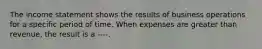 The income statement shows the results of business operations for a specific period of time. When expenses are greater than revenue, the result is a ----.