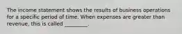 The income statement shows the results of business operations for a specific period of time. When expenses are greater than revenue, this is called _________.