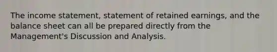 The income statement, statement of retained earnings, and the balance sheet can all be prepared directly from the Management's Discussion and Analysis.