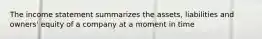 The income statement summarizes the assets, liabilities and owners' equity of a company at a moment in time