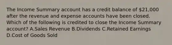 The Income Summary account has a credit balance of 21,000 after the revenue and expense accounts have been closed. Which of the following is credited to close the Income Summary​ account? A.Sales Revenue B.Dividends C.Retained Earnings D.Cost of Goods Sold