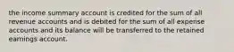 the income summary account is credited for the sum of all revenue accounts and is debited for the sum of all expense accounts and its balance will be transferred to the retained earnings account.