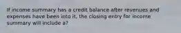 If income summary has a credit balance after revenues and expenses have been into it, the closing entry for income summary will include a?