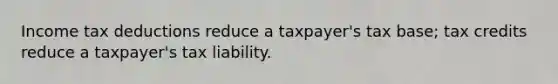 Income tax deductions reduce a taxpayer's tax base; tax credits reduce a taxpayer's tax liability.