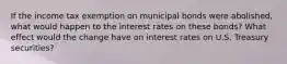 If the income tax exemption on municipal bonds were abolished, what would happen to the interest rates on these bonds? What effect would the change have on interest rates on U.S. Treasury securities?