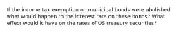 If the income tax exemption on municipal bonds were abolished, what would happen to the interest rate on these bonds? What effect would it have on the rates of US treasury securities?