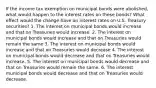 If the income tax exemption on municipal bonds were abolished, what would happen to the interest rates on these bonds? What effect would the change have on interest rates on U.S. Treasury securities? 1. The interest on municipal bonds would increase and that on Treasuries would increase. 2. The interest on municipal bonds would increase and that on Treasuries would remain the same 3. The interest on municipal bonds would increase and that on Treasuries would decrease 4. The interest on municipal bonds would decrease and that on Treasuries would increase. 5. The interest on municipal bonds would decrease and that on Treasuries would remain the same. 6. The interest municipal bonds would decrease and that on Treasuries would decrease.