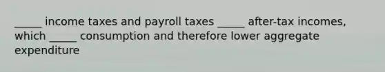 _____ income taxes and payroll taxes _____ after-tax incomes, which _____ consumption and therefore lower aggregate expenditure