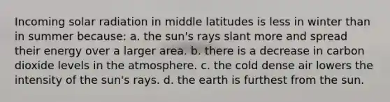 Incoming solar radiation in middle latitudes is less in winter than in summer because: a. the sun's rays slant more and spread their energy over a larger area. b. there is a decrease in carbon dioxide levels in the atmosphere. c. the cold dense air lowers the intensity of the sun's rays. d. the earth is furthest from the sun.