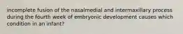 incomplete fusion of the nasalmedial and intermaxillary process during the fourth week of embryonic development causes which condition in an infant?