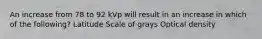 An increase from 78 to 92 kVp will result in an increase in which of the following? Latitude Scale of grays Optical density