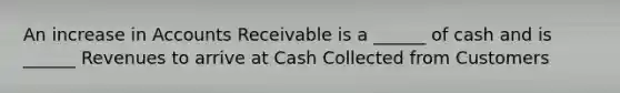 An increase in Accounts Receivable is a ______ of cash and is ______ Revenues to arrive at Cash Collected from Customers