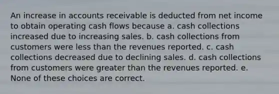 An increase in accounts receivable is deducted from net income to obtain operating cash flows because a. cash collections increased due to increasing sales. b. cash collections from customers were less than the revenues reported. c. cash collections decreased due to declining sales. d. cash collections from customers were greater than the revenues reported. e. None of these choices are correct.