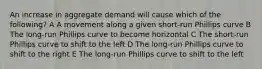 An increase in aggregate demand will cause which of the following? A A movement along a given short-run Phillips curve B The long-run Phillips curve to become horizontal C The short-run Phillips curve to shift to the left D The long-run Phillips curve to shift to the right E The long-run Phillips curve to shift to the left