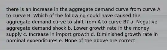 there is an increase in the aggregate demand curve from curve A to curve B. Which of the following could have caused the aggregate demand curve to shift from A to curve B? a. Negative aggregate demand shock b. Lower growth rate in the money supply c. Increase in import growth d. Diminished growth rate in nominal expenditures e. None of the above are correct