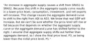 ​"An increase in aggregate supply causes a shift from SRAS1 to SRAS2. Because this shift in the aggregate supply curve results in a lower price​ level, consumption,​ investment, and net exports will increase. This change causes the aggregate demand curve to shift to the right from ADl to AD2. We know that real GDP will​ increase, but we​ can't be sure whether the price level will rise or fall because that depends on whether the aggregate supply curve or the aggregate demand curve has shifted farther to the right. I assume that aggregate supply shifts out farther than aggregate​ demand, so I show the final price​ level, P3​, as being lower than the initial price​ level, P1​."