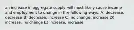 an increase in aggregate supply will most likely cause income and employment to change in the following ways: A) decrease, decrease B) decrease, increase C) no change, increase D) increase, no change E) increase, increase