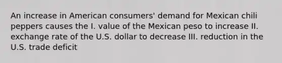 An increase in American consumers' demand for Mexican chili peppers causes the I. value of the Mexican peso to increase II. exchange rate of the U.S. dollar to decrease III. reduction in the U.S. trade deficit