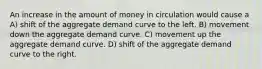 An increase in the amount of money in circulation would cause a A) shift of the aggregate demand curve to the left. B) movement down the aggregate demand curve. C) movement up the aggregate demand curve. D) shift of the aggregate demand curve to the right.