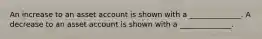 An increase to an asset account is shown with a ______________. A decrease to an asset account is shown with a ______________.