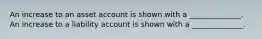 An increase to an asset account is shown with a ______________. An increase to a liability account is shown with a ______________.