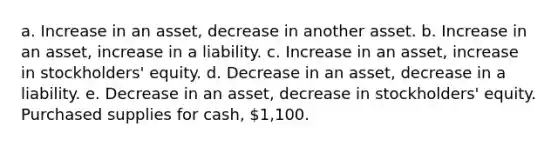 a. Increase in an asset, decrease in another asset. b. Increase in an asset, increase in a liability. c. Increase in an asset, increase in stockholders' equity. d. Decrease in an asset, decrease in a liability. e. Decrease in an asset, decrease in stockholders' equity. Purchased supplies for cash, 1,100.