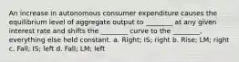 An increase in autonomous consumer expenditure causes the equilibrium level of aggregate output to​ ________ at any given interest rate and shifts the​ ________ curve to the​ ________, everything else held constant. a. Right; IS; right b. Rise; LM; right c. Fall; IS; left d. Fall; LM; left