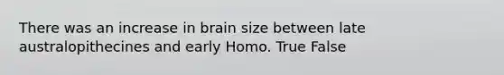 There was an increase in brain size between late australopithecines and early Homo. True False