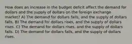 How does an increase in the budget deficit affect the demand for dollars and the supply of dollars on the foreign exchange market? A) The demand for dollars falls, and the supply of dollars falls. B) The demand for dollars rises, and the supply of dollars rises. C) The demand for dollars rises, and the supply of dollars falls. D) The demand for dollars falls, and the supply of dollars rises.