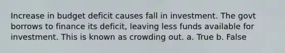 Increase in budget deficit causes fall in investment. The govt borrows to finance its deficit, leaving less funds available for investment. This is known as crowding out. a. True b. False