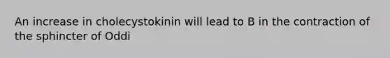 An increase in cholecystokinin will lead to B in the contraction of the sphincter of Oddi