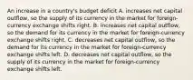 An increase in a country's budget deficit A. increases net capital outflow, so the supply of its currency in the market for foreign-currency exchange shifts right. B. increases net capital outflow, so the demand for its currency in the market for foreign-currency exchange shifts right. C. decreases net capital outflow, so the demand for its currency in the market for foreign-currency exchange shifts left. D. decreases net capital outflow, so the supply of its currency in the market for foreign-currency exchange shifts left.