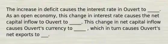 The increase in deficit causes the interest rate in Ouvert to _____. As an open economy, this change in interest rate causes the net capital inflow to Ouvert to _____. This change in net capital inflow causes Ouvert's currency to _____ , which in turn causes Ouvert's net exports to ___.