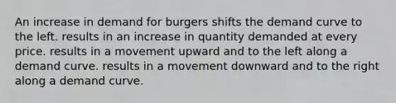 An increase in demand for burgers shifts the demand curve to the left. results in an increase in quantity demanded at every price. results in a movement upward and to the left along a demand curve. results in a movement downward and to the right along a demand curve.